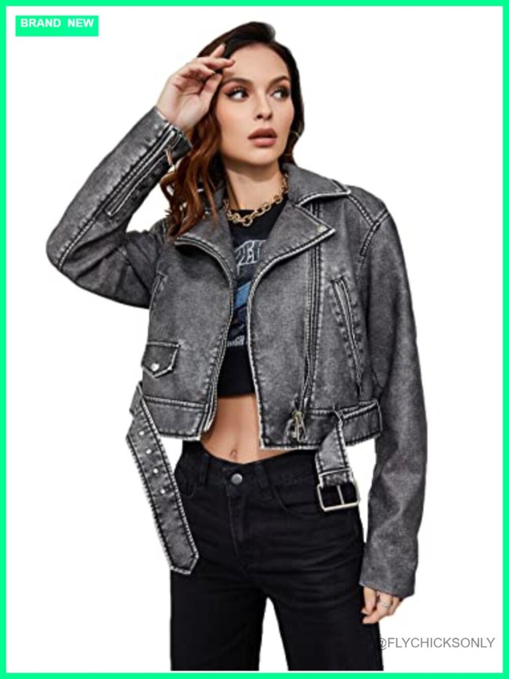 Faux Leather Cropped Jacket with Belt and Zipper Closure